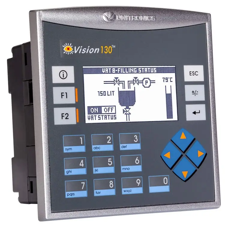 OPLC (PLC+HMI) Vision 130, V130-33-TA24; 8 entradas digitales, 2 entradas analógicas/digitales, 2 entradas TC/PT/digitales, 10 salidas de transistor, 2 salidas analógicas, RS232/485, 24 VDC